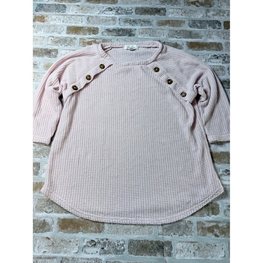 Anneliese Pink Chenille Waffle Knit Button Shoulder Top XL Womens 3/4 Sleeve